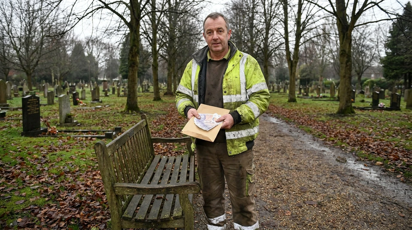 Ein Friedhofsmitarbeiter hält neben einer Bank einen Umschlag und Banknoten